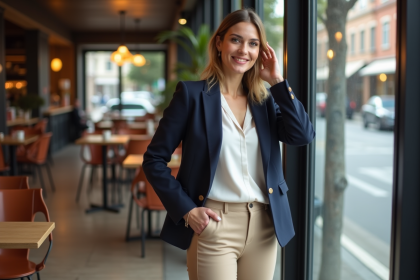 Femme élégante en blazer navy près d un café