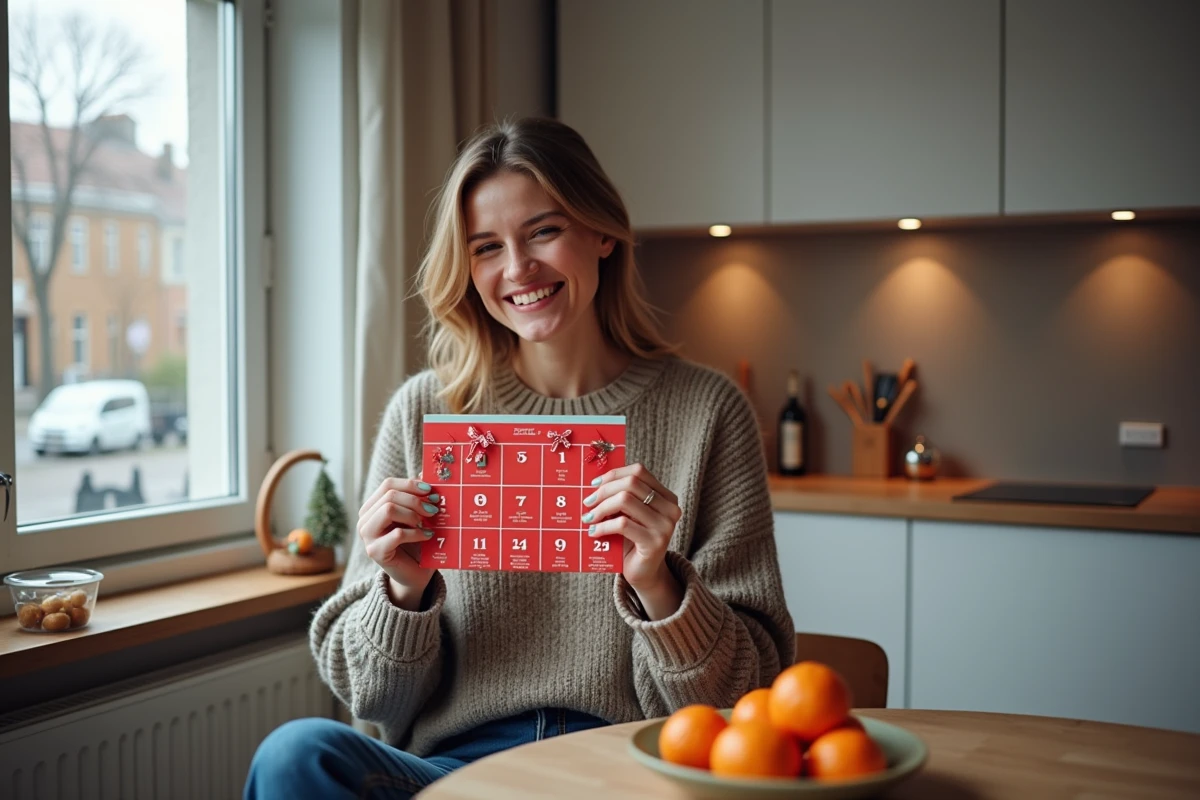 Femme souriante ouvrant un calendrier de l'Avent dans la cuisine