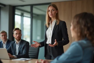 Femme confiante en réunion de bureau moderne
