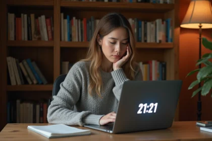 Femme contemplative devant un écran affichant 21h21, entourée de livres de numérologie dans un bureau cosy