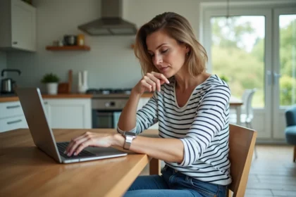 Femme française assise à la cuisine en train de travailler sur son ordinateur