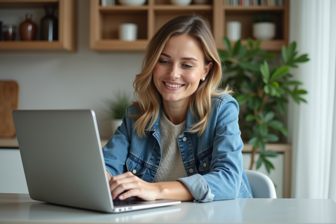 Femme assise à la cuisine avec son ordinateur portable