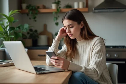Jeune femme en cuisine avec ordinateur et smartphone