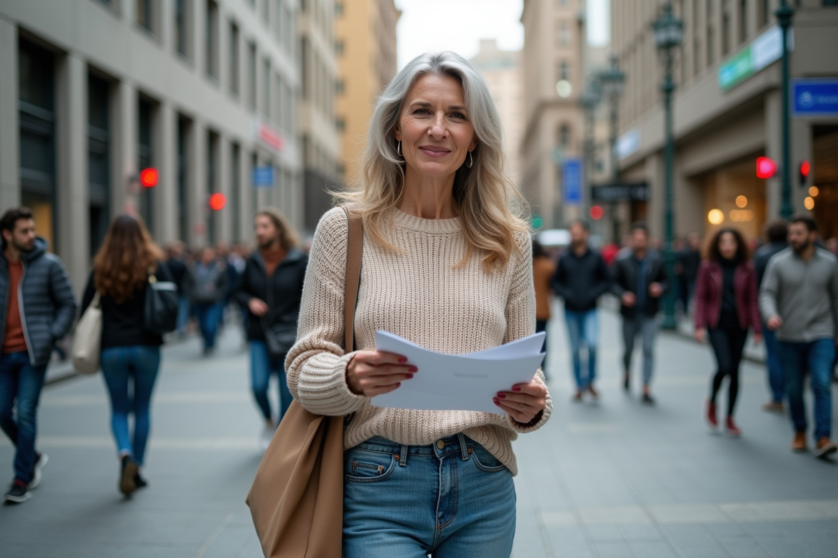 Femme distribuant des flyers dans une place urbaine animée