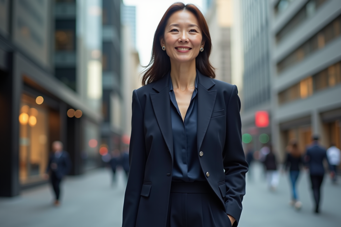 Femme asiatique élégante marche en ville moderne