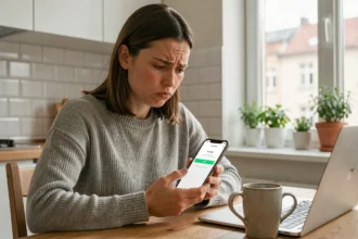 Femme frustrée tenant un smartphone affichant une erreur de recharge Lycamobile dans une cuisine moderne