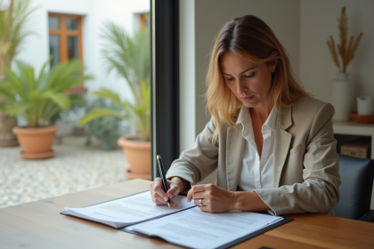 Femme espagnole d affaires examinant documents immobiliers