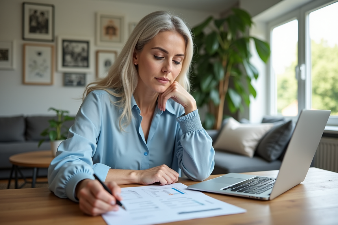 Femme en étude de documents de prêt immobilier à la maison