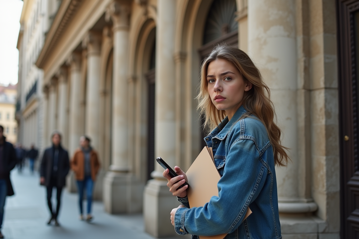 Jeune femme française devant une banque en ville