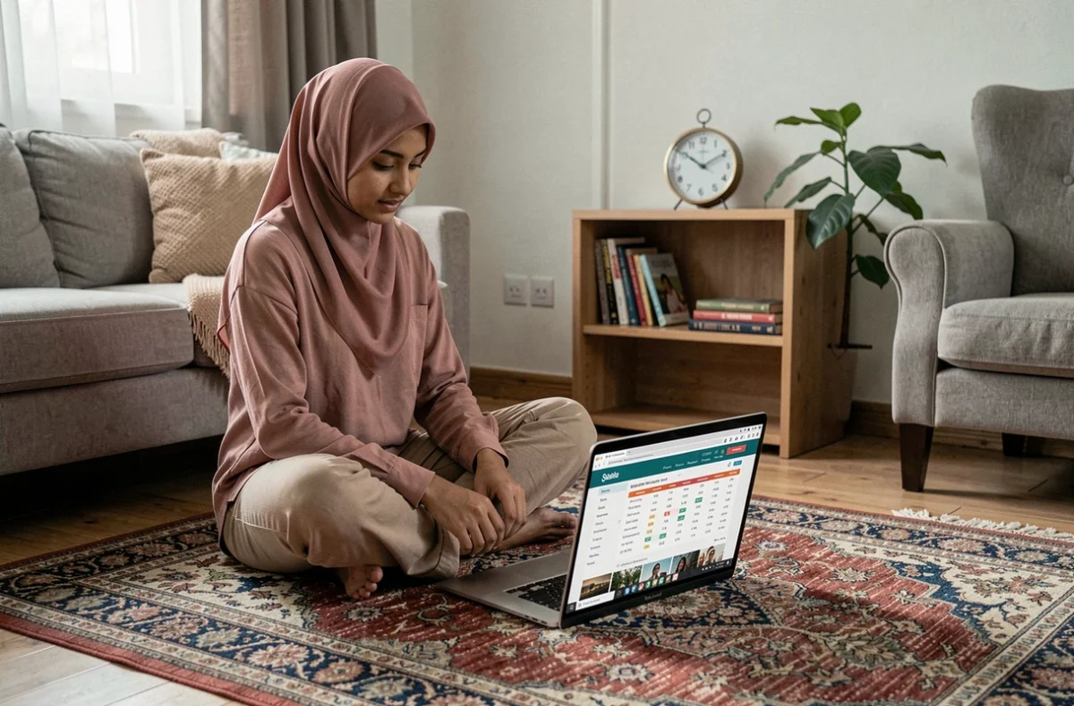 Jeune femme en hijab consultant un calendrier de prière personnalisé sur ordinateur portable