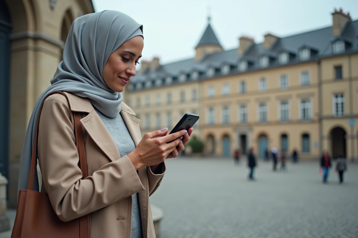 Femme vérifiant les horaires de prière sur smartphone dans une rue d'Annemasse