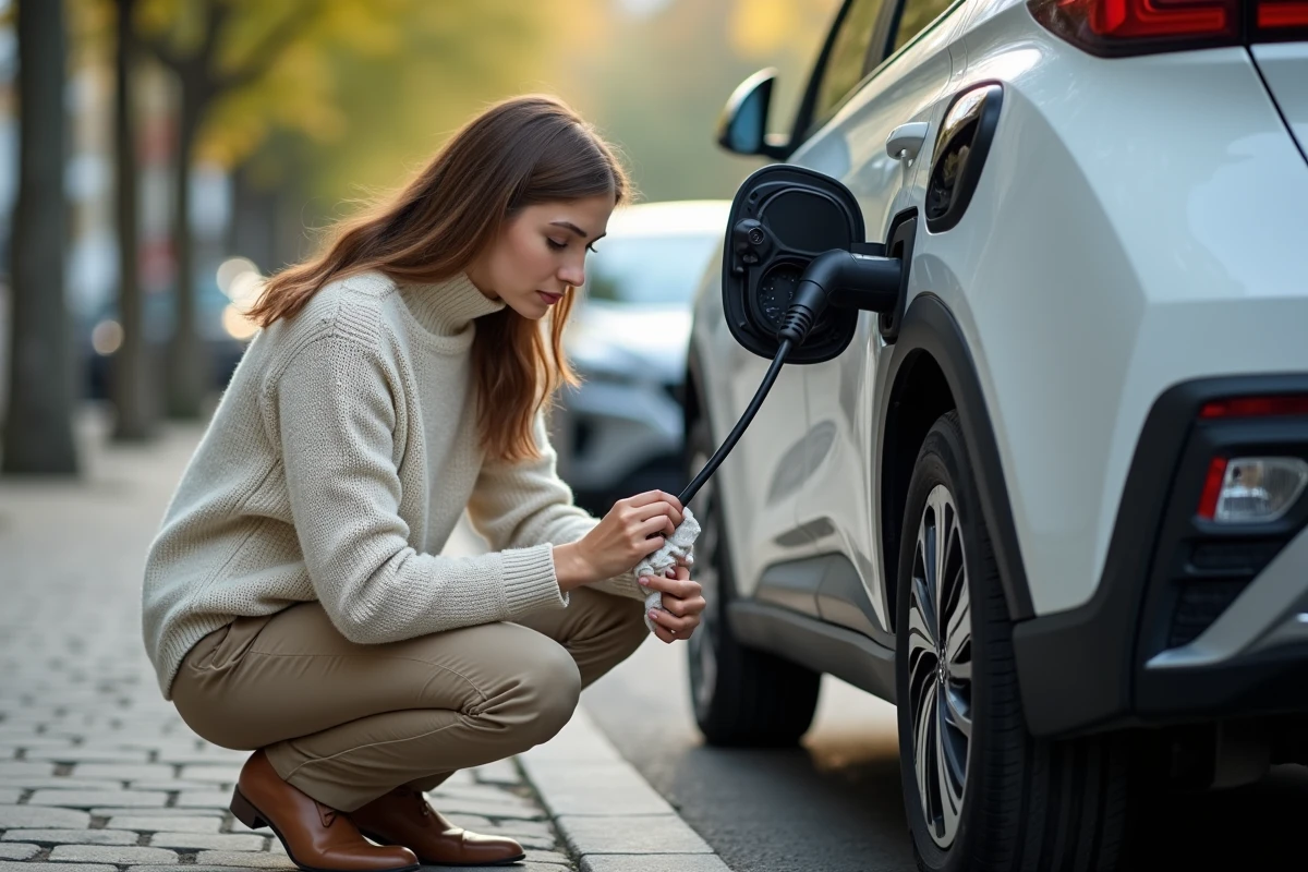 Femme inspectant la prise de charge de sa voiture hybride en ville