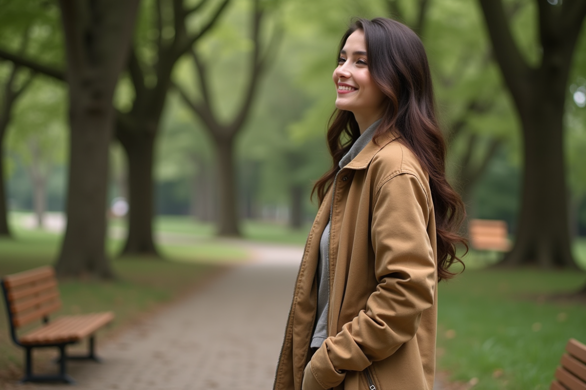 Femme en veste écologique dans un parc verdoyant