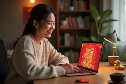 Jeune femme jouant au jeu Google Année du Serpent sur un ordinateur portable avec décorations du Nouvel An chinois en arrière-plan