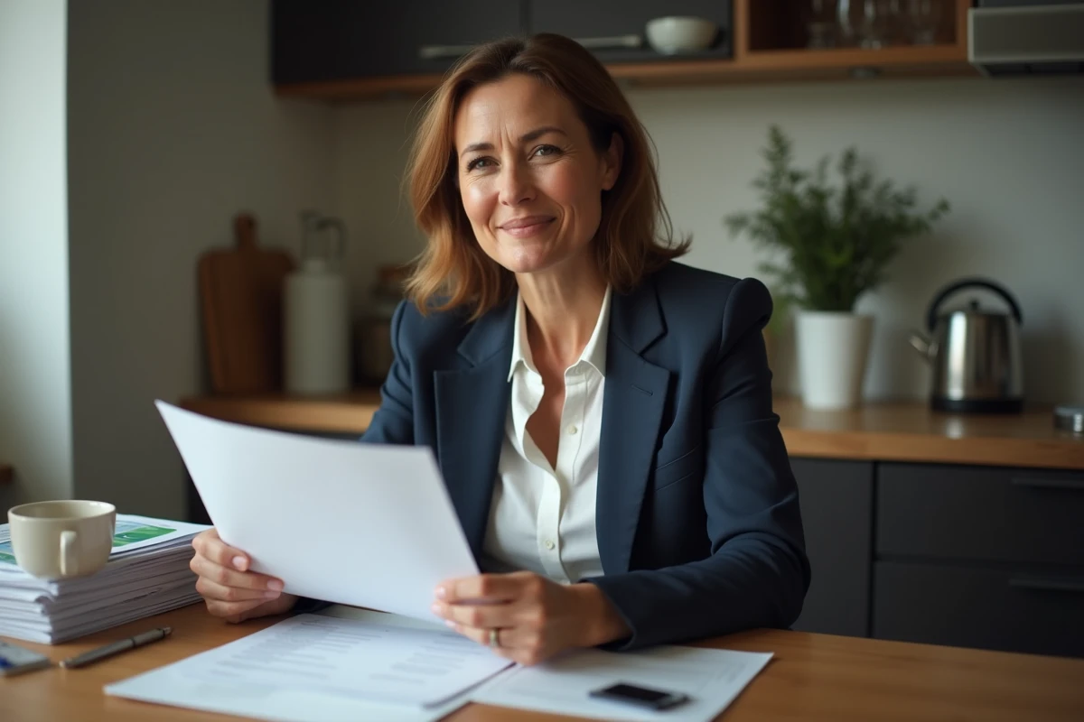 Femme confiante en costume tenant un document juridique dans une cuisine