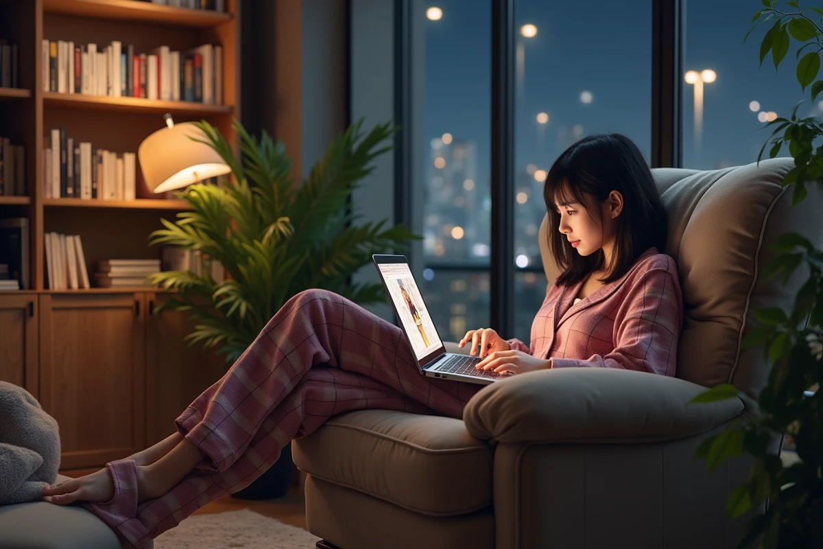 Femme lisant manga sur laptop dans salon moderne