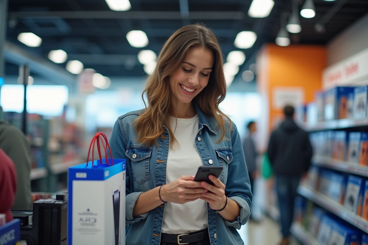 Femme achetant une console PS5 dans un magasin d