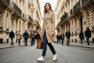 Femme élégante portant un trench coat beige de la marque Faubourg de Paris, marchant sur un boulevard haussmannien parisien