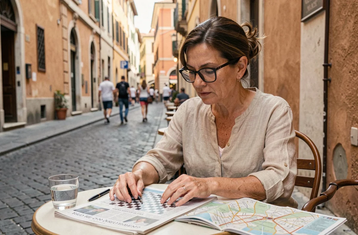 Femme résolvant des mots croisés dans un café romain avec une carte de Rome sur la table