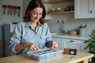 Femme organisée triant des piles dans un rangement domestique