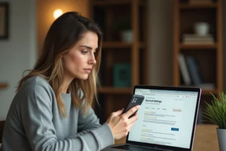 Femme gérant les paramètres de son compte Amazon sur ordinateur portable tout en tenant un smartphone pour filtrer les appels