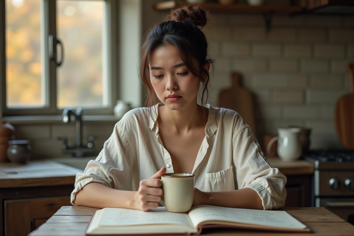 Jeune femme pensive écrivant dans un journal intime à table, illustrant la douleur de la trahison en proverbe français