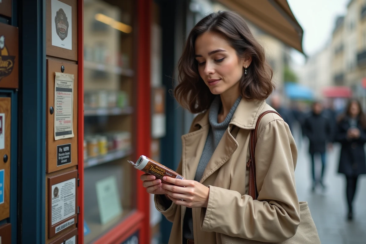 Femme examinant le prix d'un paquet de tabac à rouler 40g devant un kiosque tabac parisien