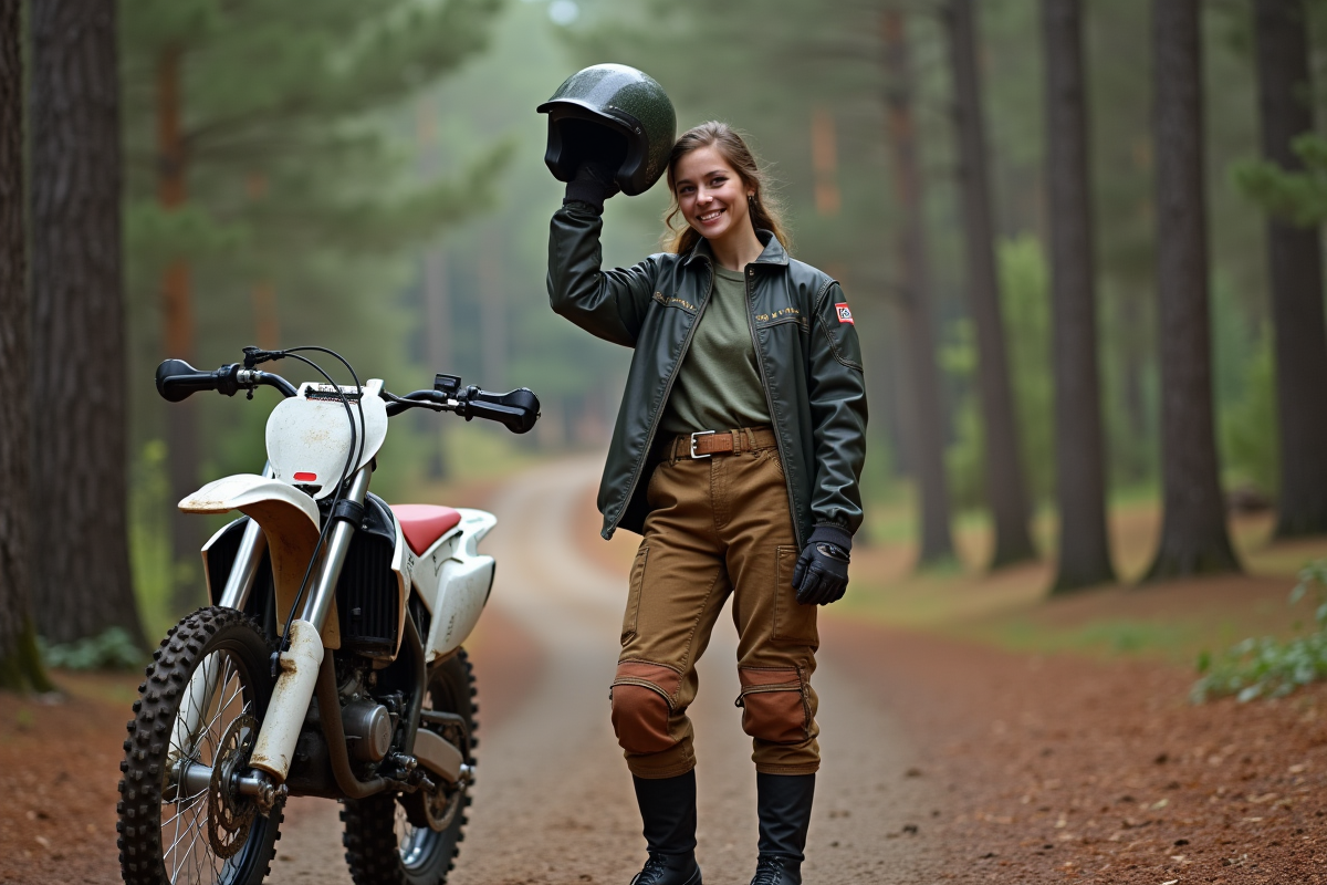 Jeune femme souriante avec casque motocross près d