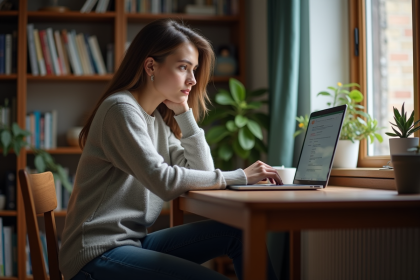 Jeune femme contemplative utilisant son ordinateur à la maison