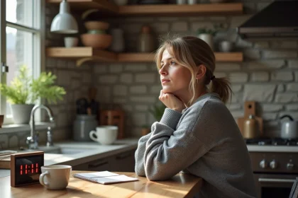 Femme contemplant une horloge digitale à 11h11 dans une cuisine moderne