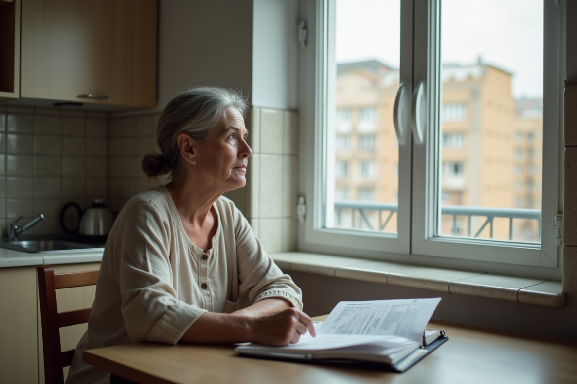 Femme d'âge moyen regardant par la fenêtre dans une cuisine