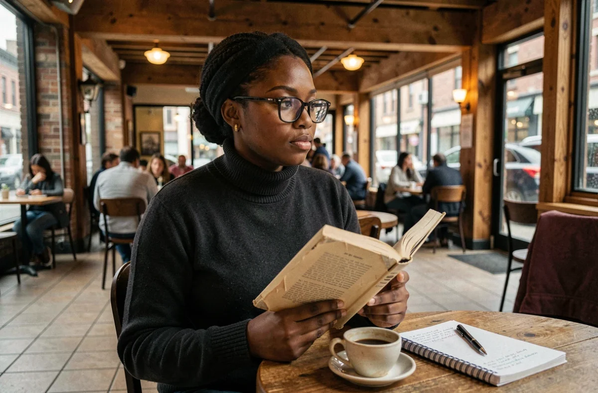 Jeune femme noire réfléchissant à la signification du terme woke dans un café avec un livre et des annotations personnelles
