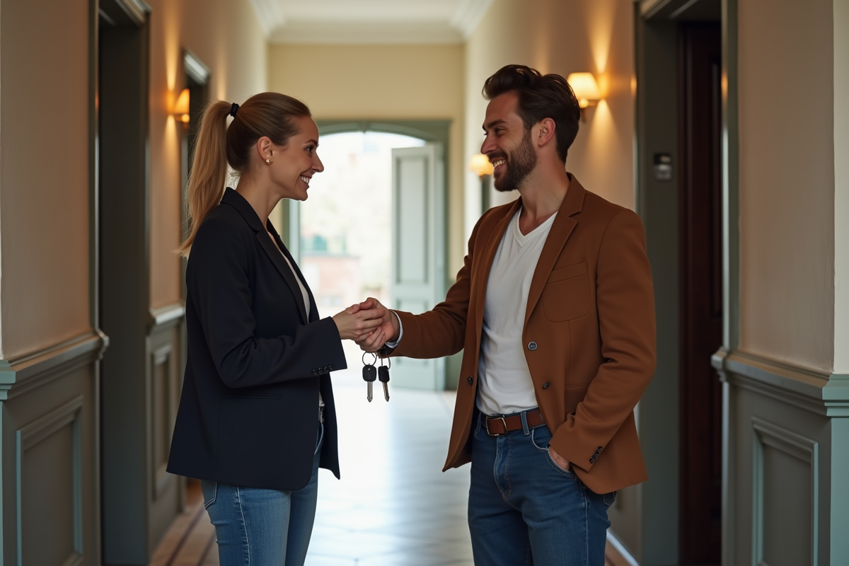 Femme remettant des clés à un couple dans un couloir d