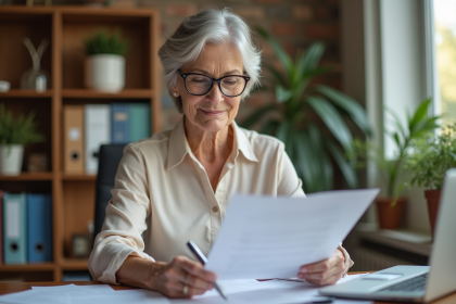 Femme mature examinant des papiers de retraite dans son bureau