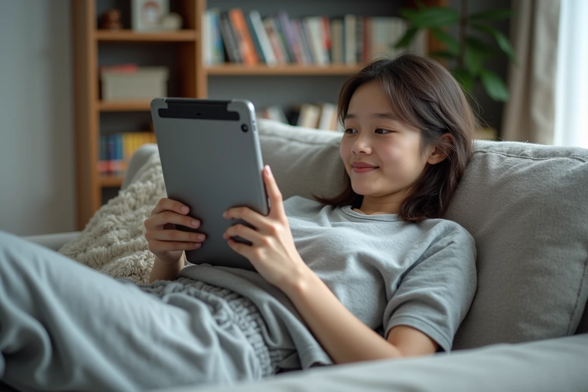 Jeune femme parcourant un site de scan manga sur tablette allongée dans son salon