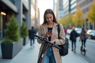 Femme en ville avec scooter et téléphone