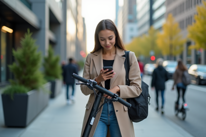Femme en ville avec scooter et téléphone