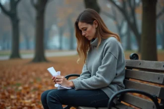 Femme seule sur un banc de parc en automne tenant une lettre froissée, expression de trahison et de cœur brisé