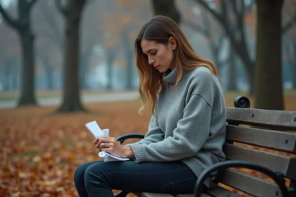 Femme seule sur un banc de parc en automne tenant une lettre froissée, expression de trahison et de cœur brisé