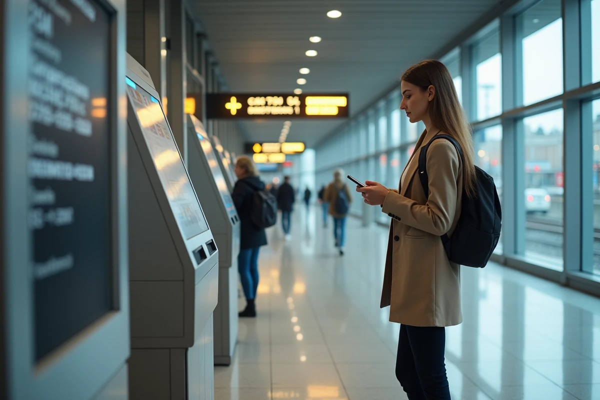 Jeune femme avec smartphone dans un hall Sorlav moderne
