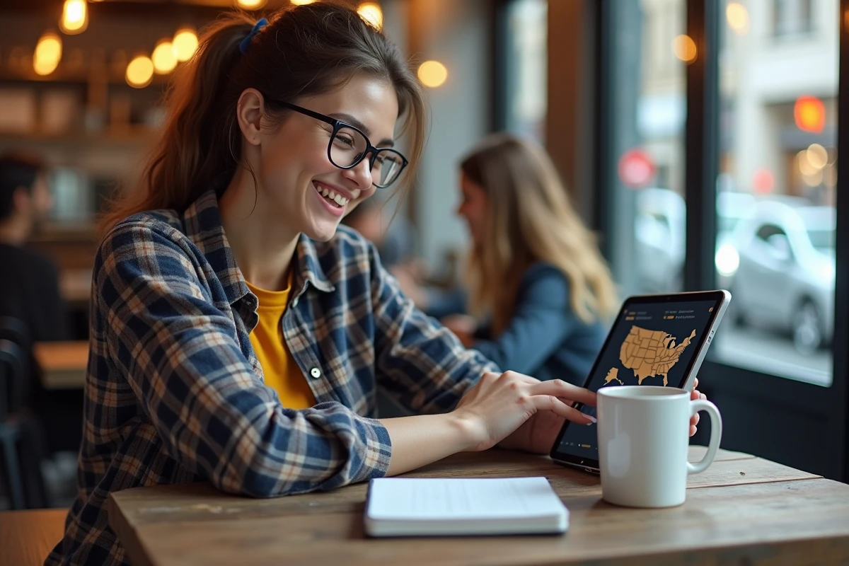Jeune femme utilisant une tablette avec une carte interactive des USA