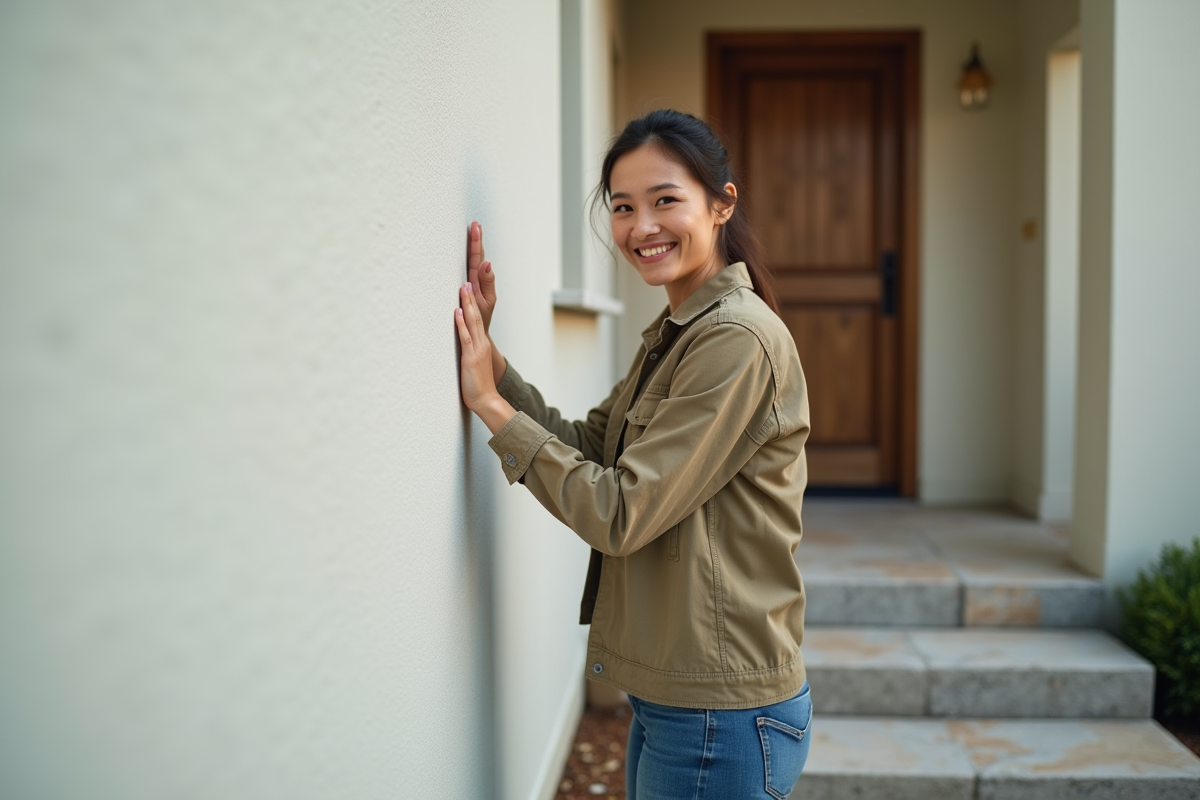 Femme inspectant la finition du revêtement extérieur rénové