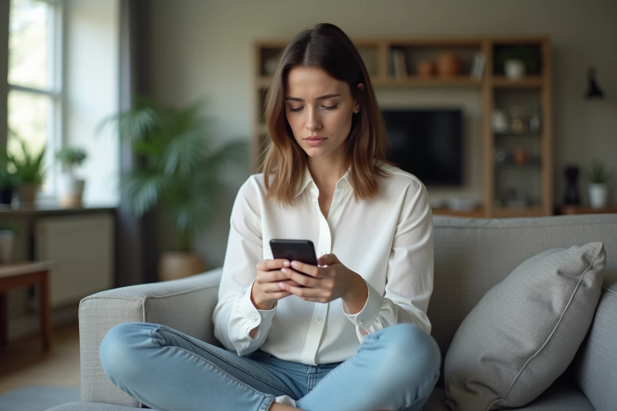 Femme inquiète lisant un profil suspect sur son smartphone, vigilance face aux arnaques sur les sites d'accès membre