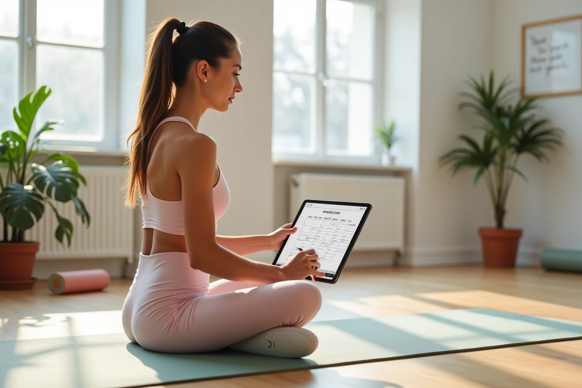 Femme consultant un calendrier numérique de semaine paire pour organiser ses séances de yoga et loisirs à domicile