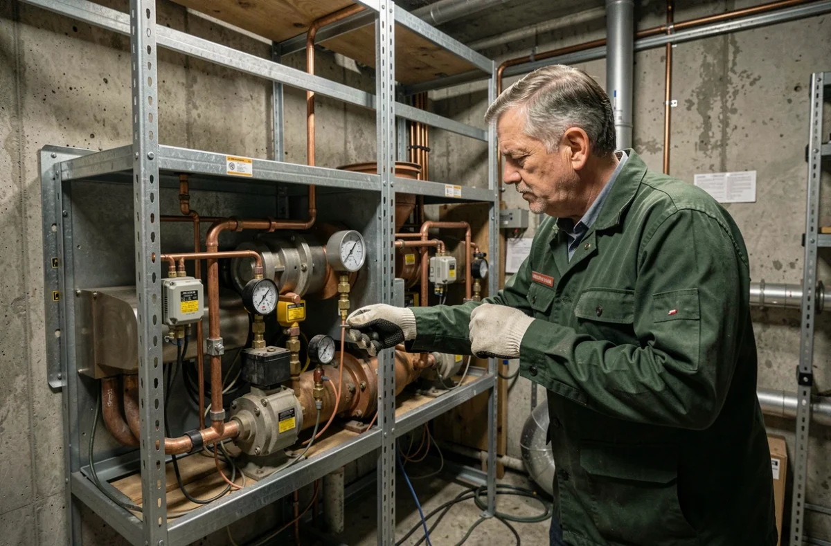 Ingénieur de Fertonani Thermie inspecte un système thermodynamique dans une chaufferie