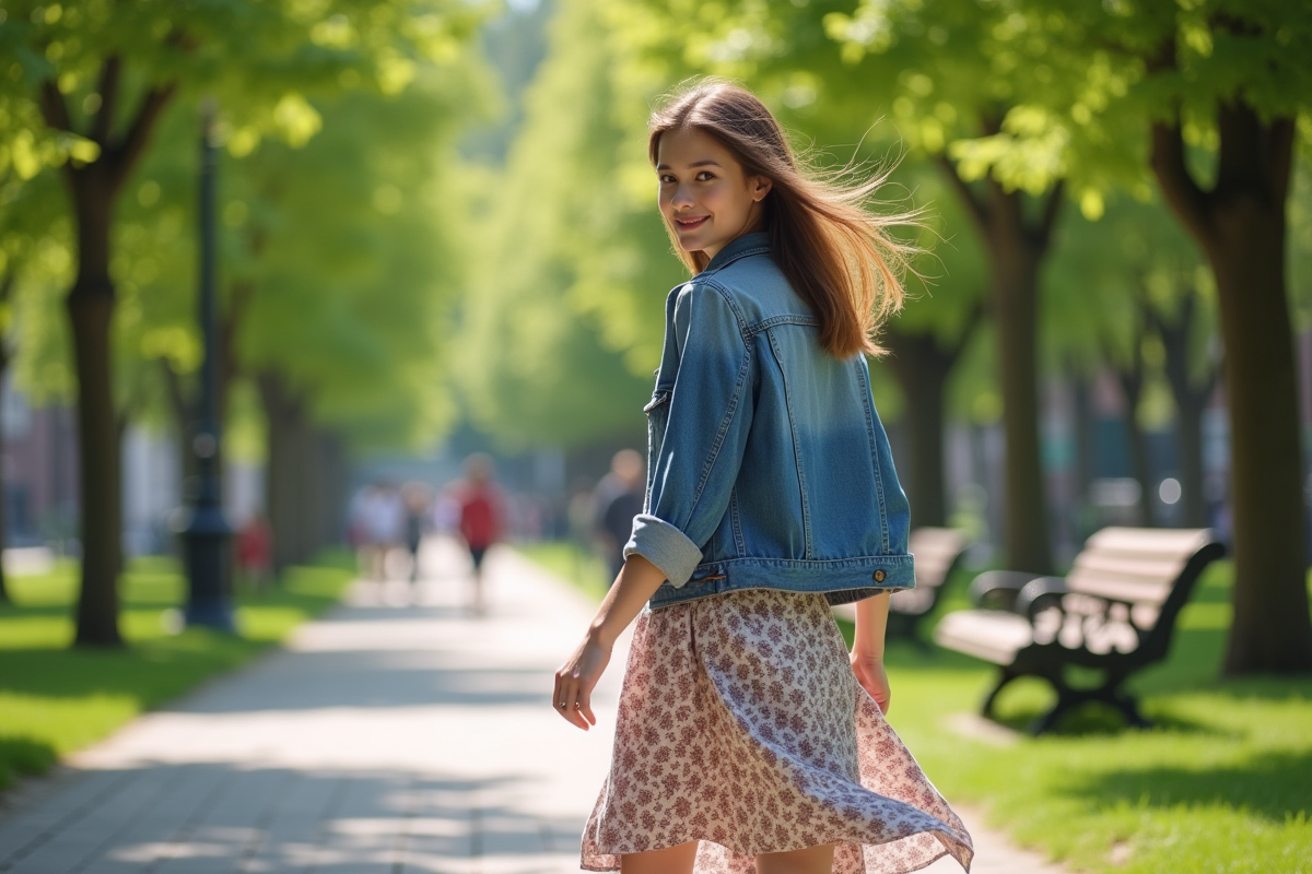 Jeune femme dans un parc urbain en robe d été