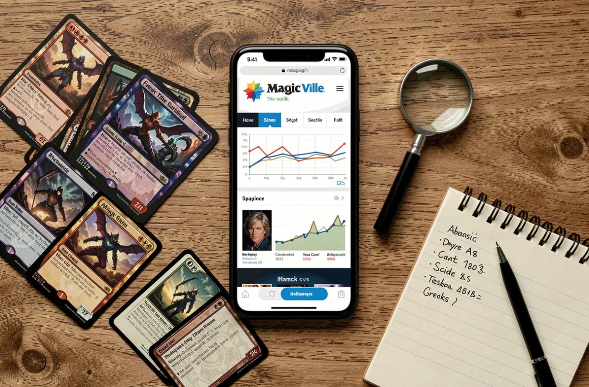 Vue aérienne d'un ensemble de cartes Magic: The Gathering avec un smartphone affichant le site Magic Ville pour consulter les cotes