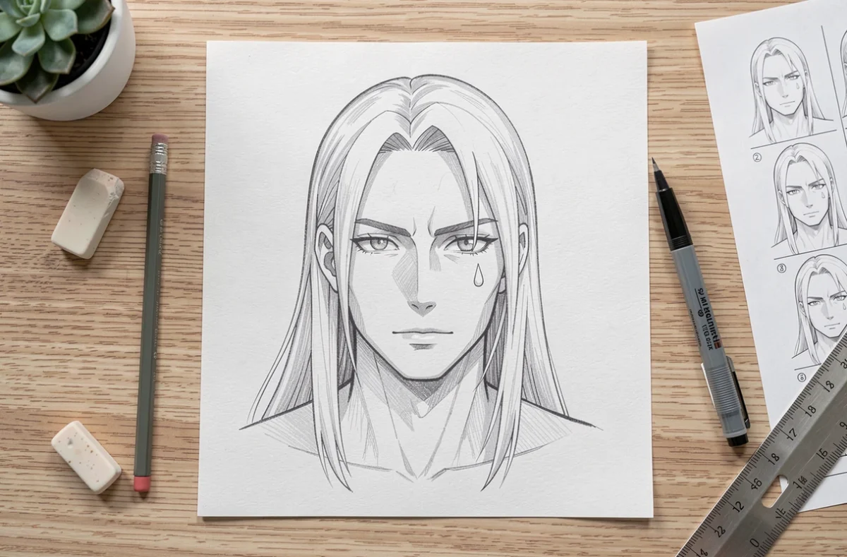 Vue du dessus d'un dessin en cours de Ulquiorra Schiffer de Bleach avec crayons et références étape par étape sur bureau en bois