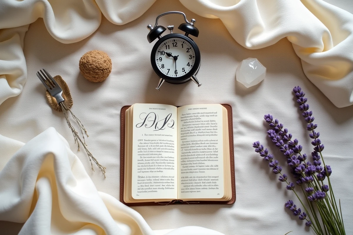 Flat lay avec une horloge analogique affichant 21h21 entourée de cristaux et de symboles numérологiques