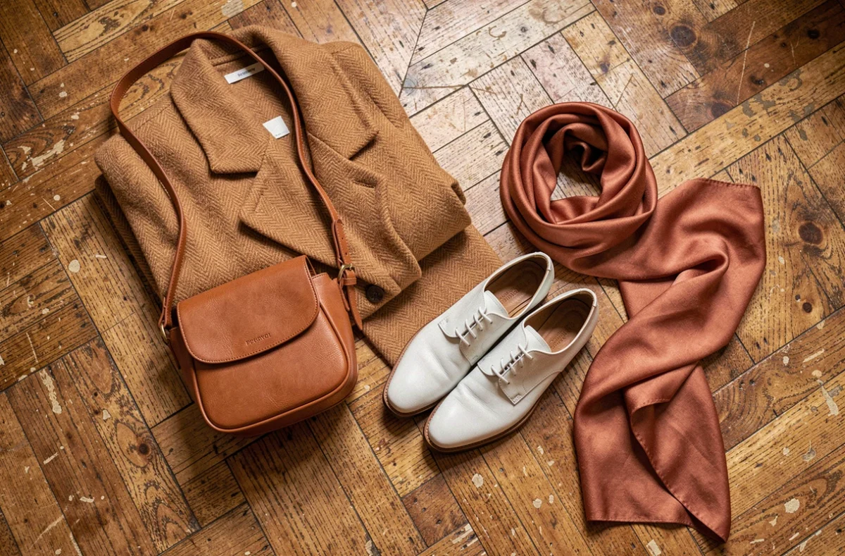 Flat-lay éditorial de vêtements et accessoires Faubourg de Paris sur parquet ancien, style parisien contemporain
